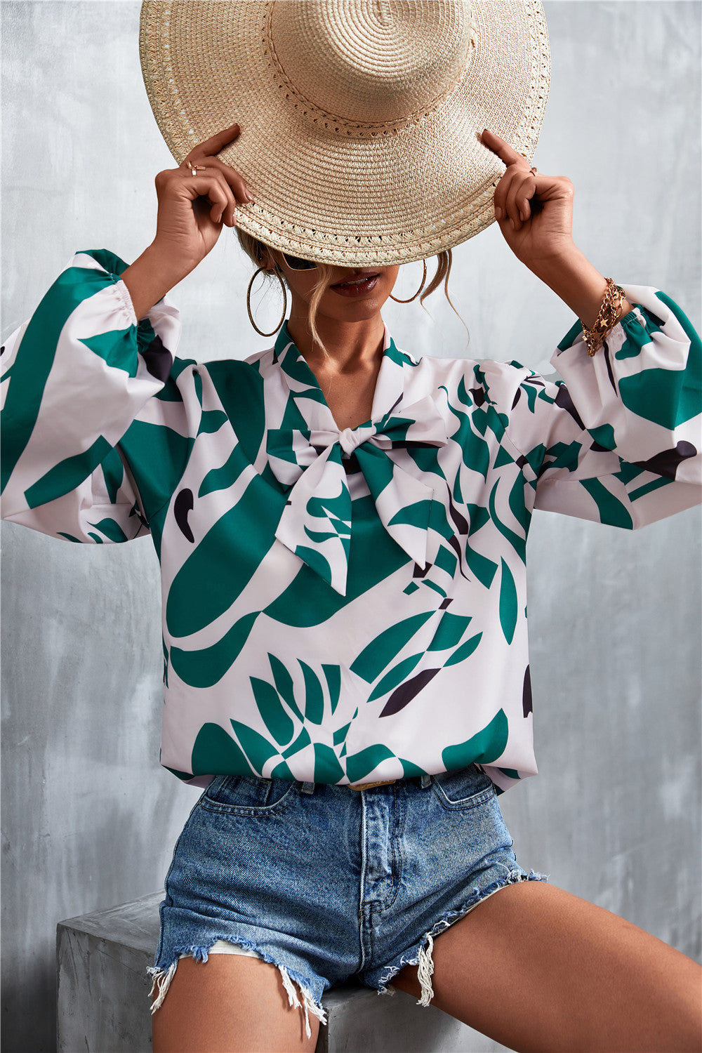 Printed Tie Neck Puff Sleeve Blouse - Lilixa.store