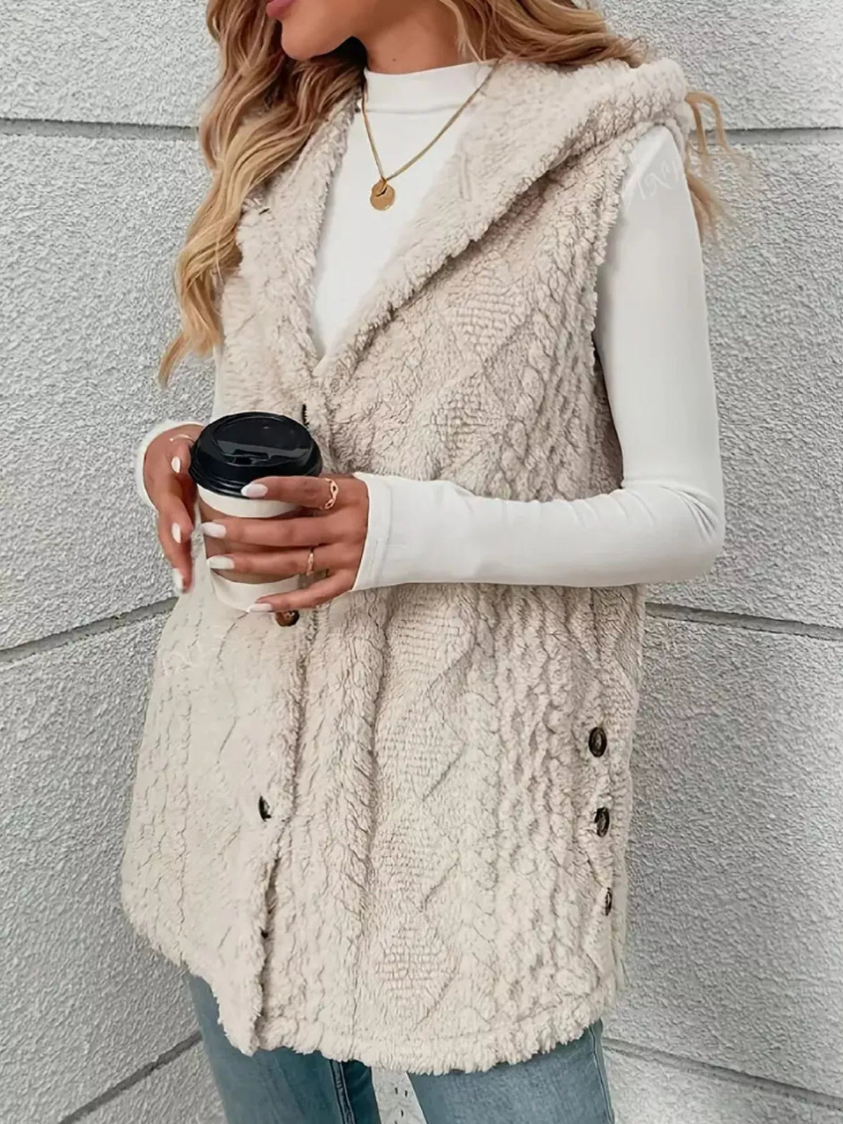 Hooded Button-Up Sherpa Vest Coat - Lilixa.store