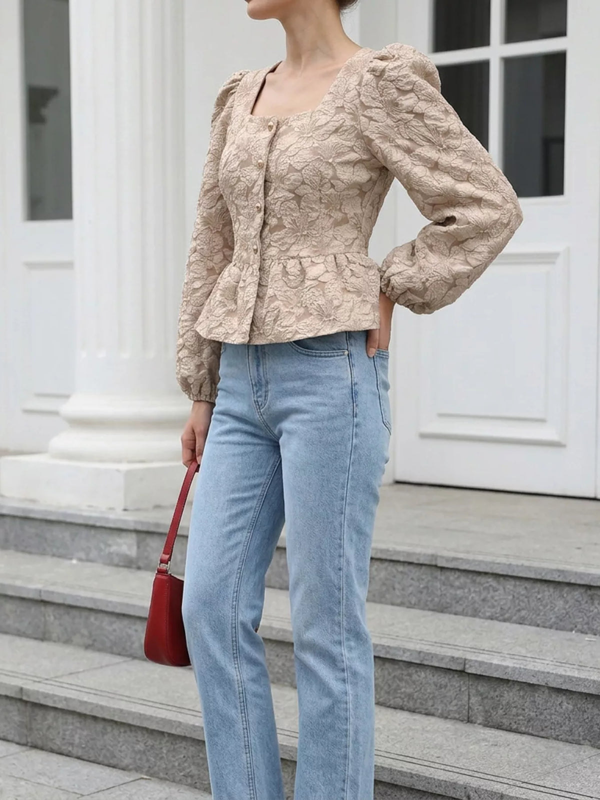 Square Neck Textured Peplum Blouse, view 12