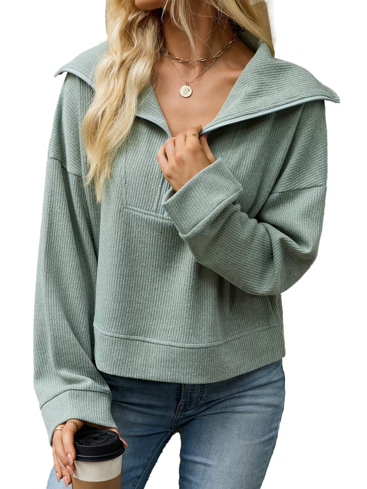Half-Zip Dropped Shoulder Sweatshirt - Lilixa.store