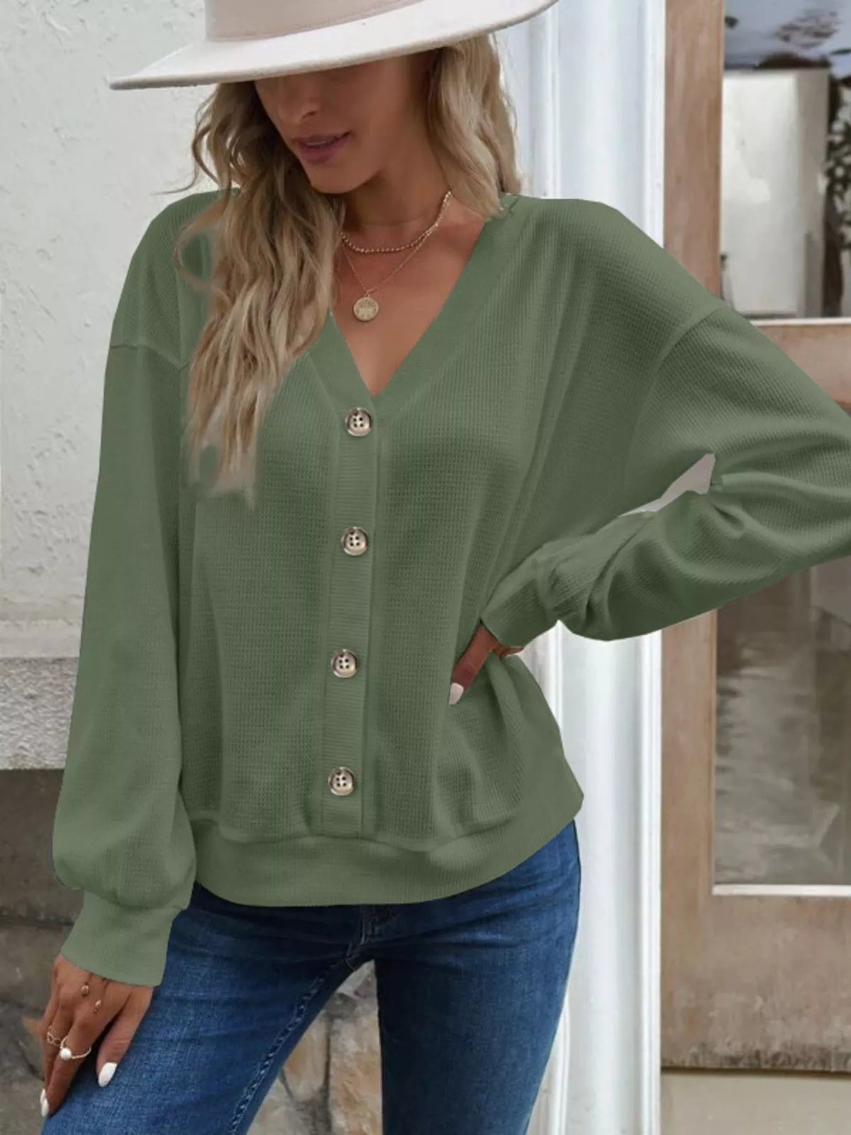 Casual V-Neck Waffle Long Sleeve Top in Army Green
