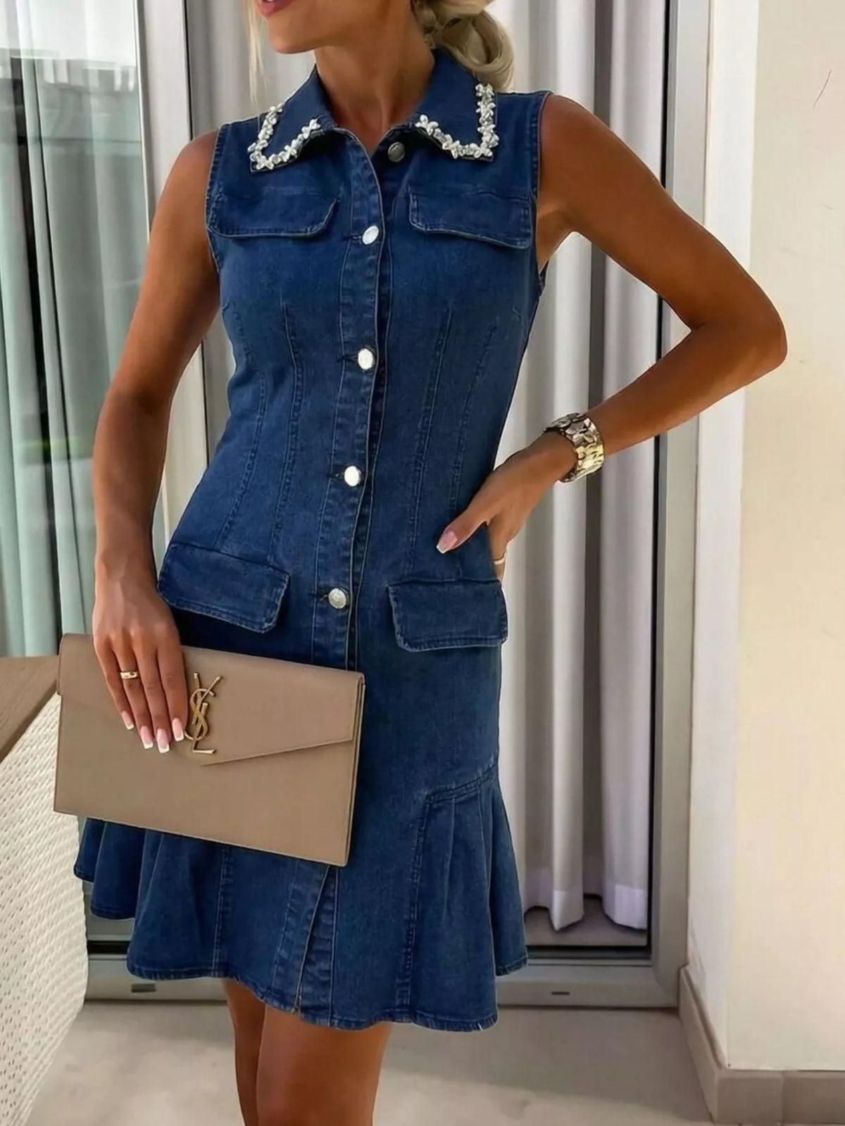 Ruffle Hem Sleeveless Denim Dress in Dark Blue, view 2