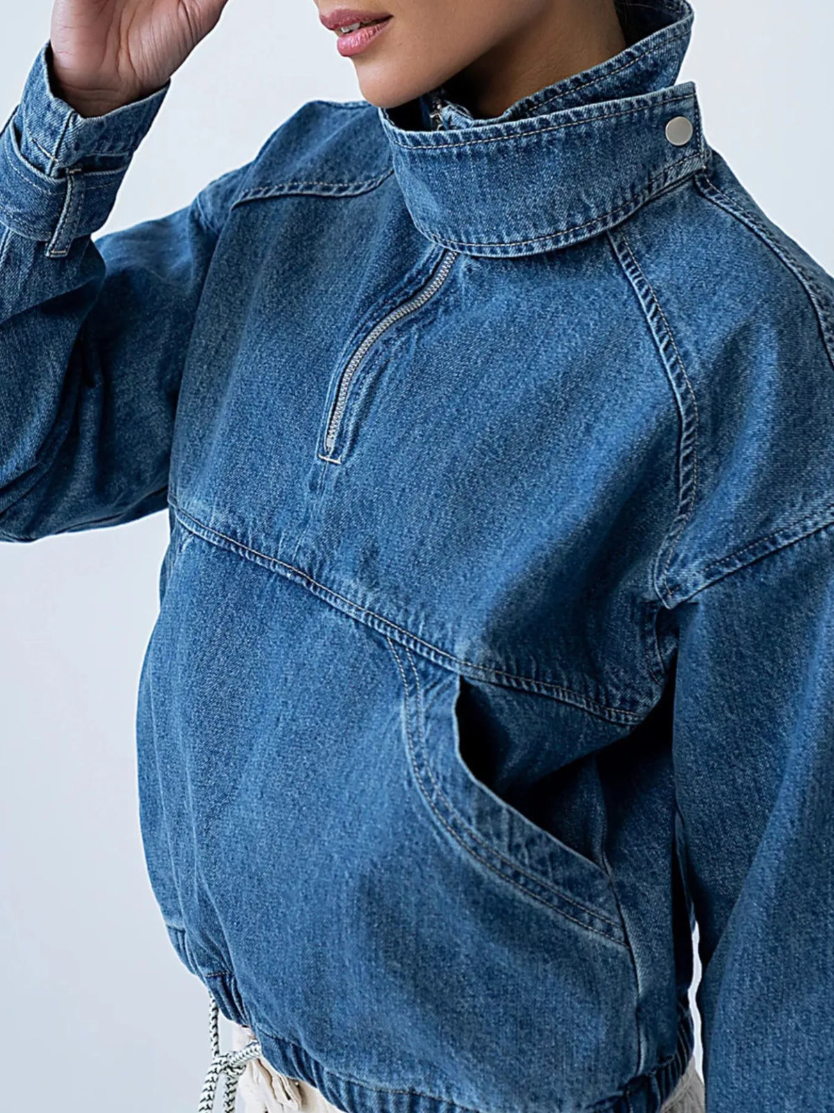 Half-Zip Turtleneck Denim Top