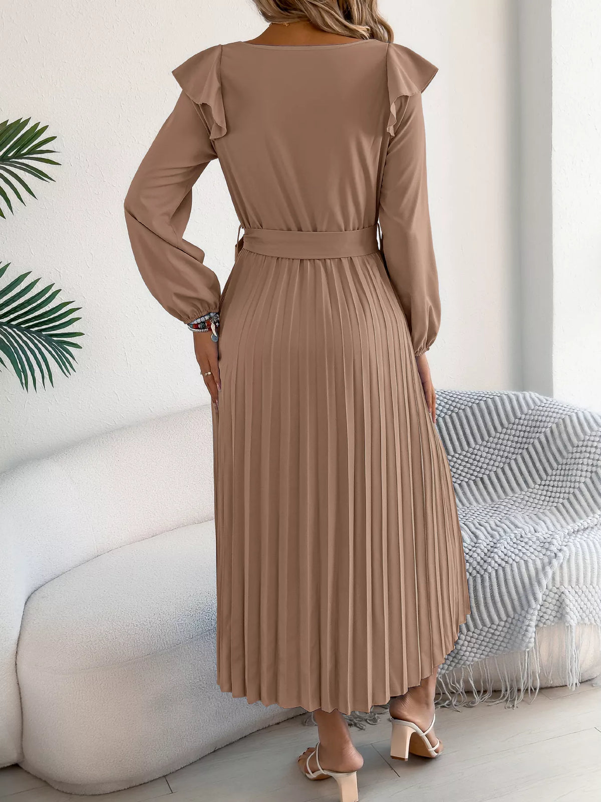 Ruffled Pleated Midi Dress with Waist Tie, view 17