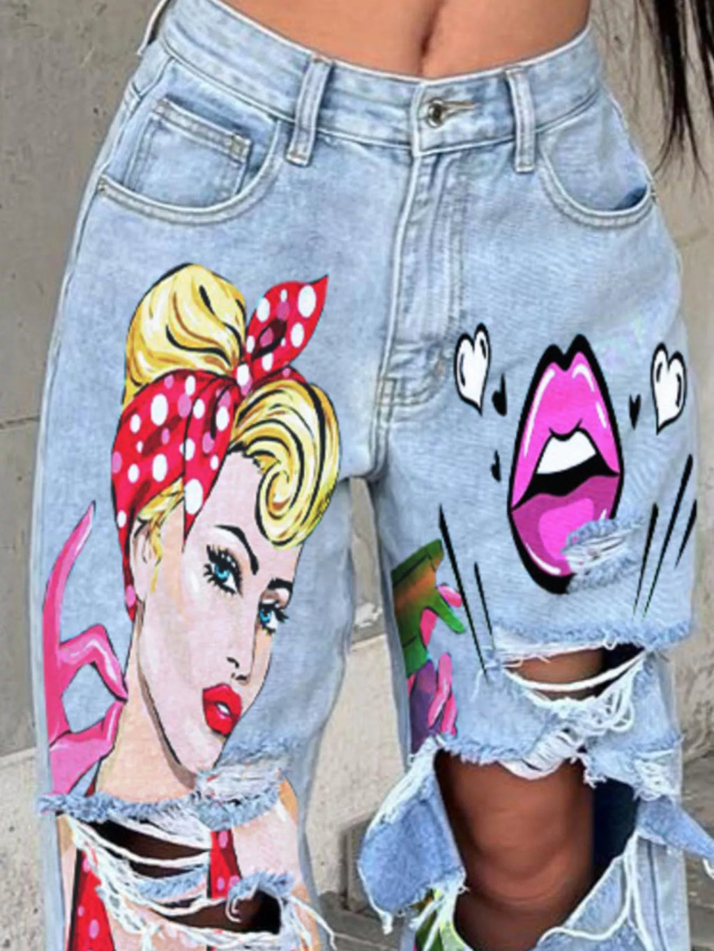 Full Size Art Print Distressed Wide-Leg Jeans Plus Size - Lilixa.store