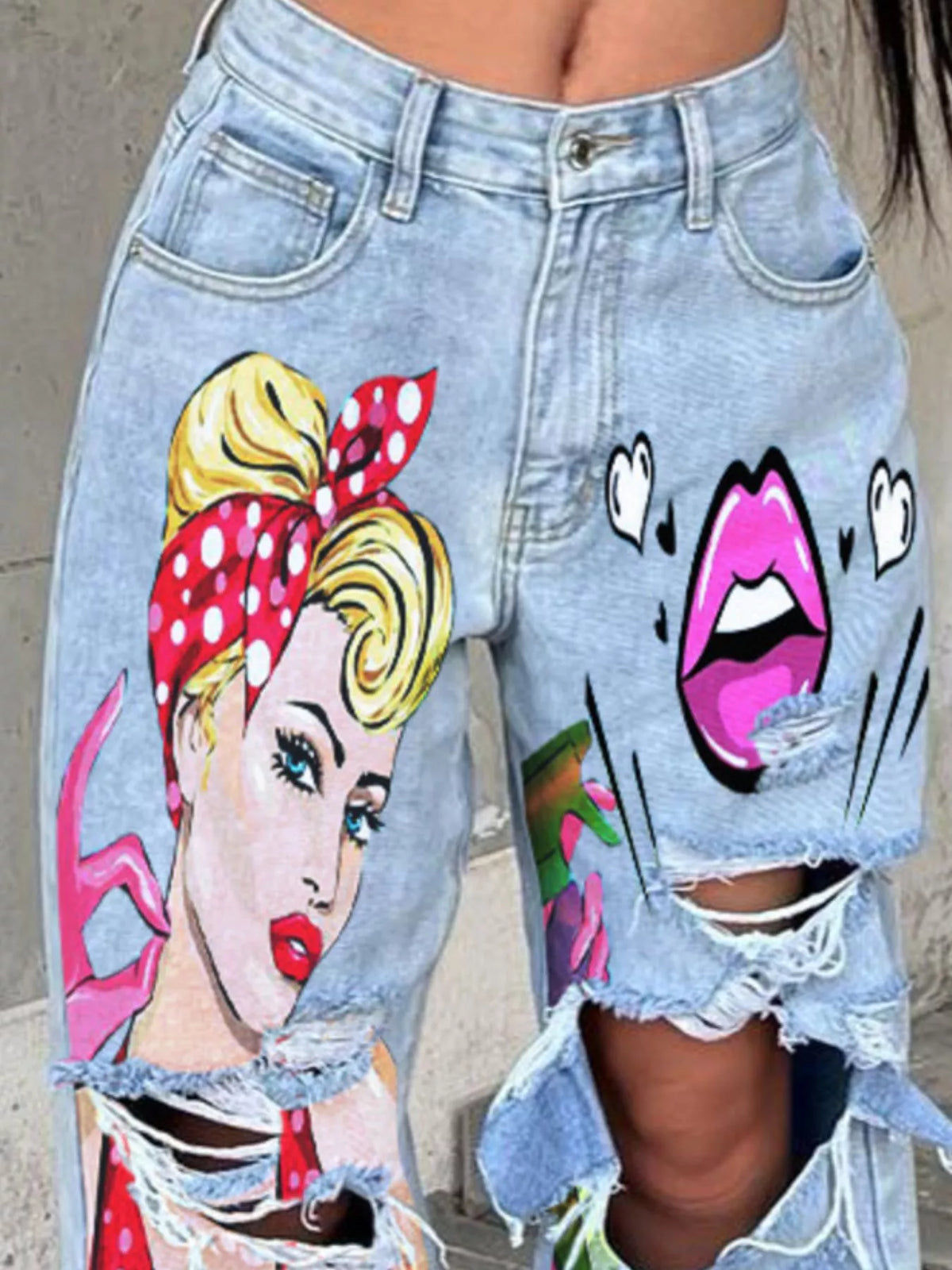Full Size Art Print Distressed Wide-Leg Jeans Plus Size - Lilixa.store