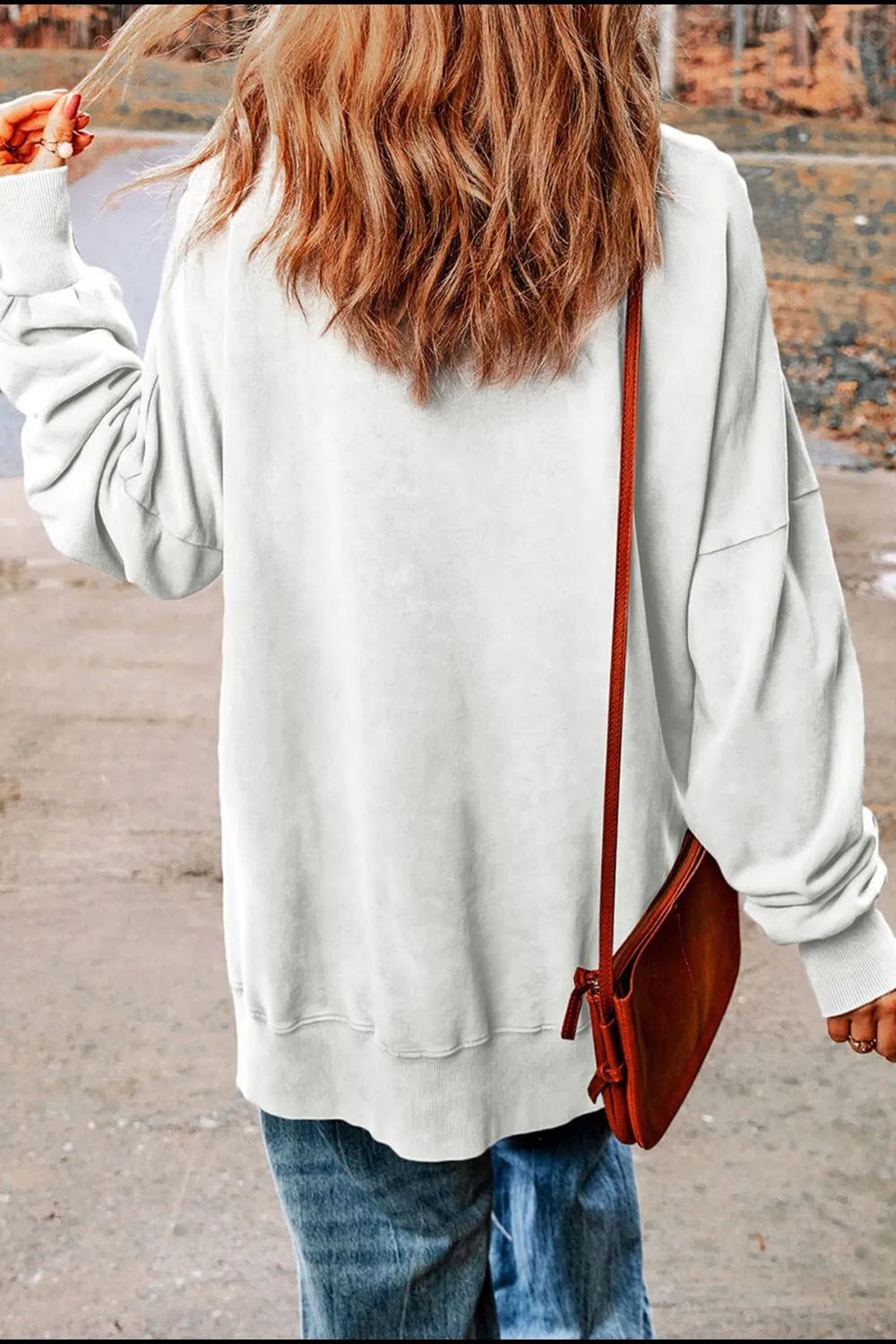 I'M BACK Slit Round Neck Long Sleeve Sweatshirt - Lilixa.store