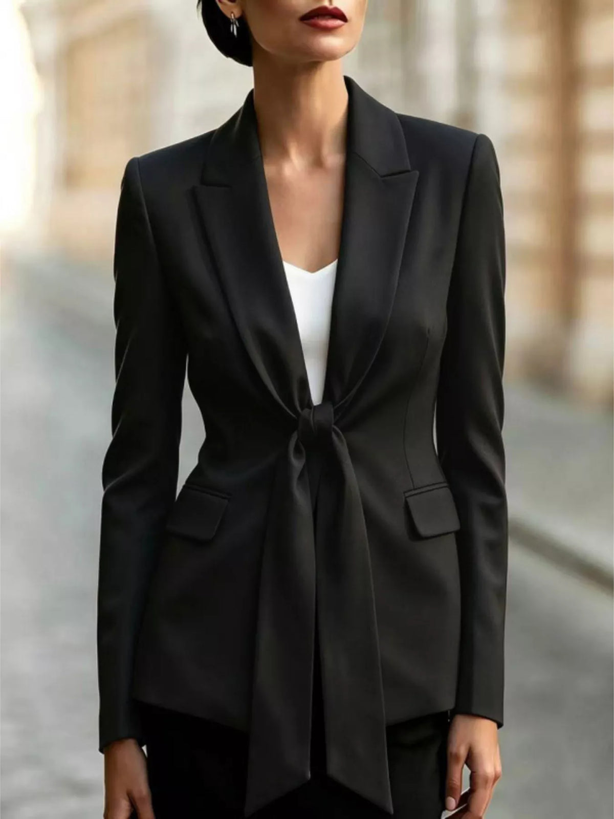 Tie-Front Lapel Collar Long Sleeve Blazer in Black
