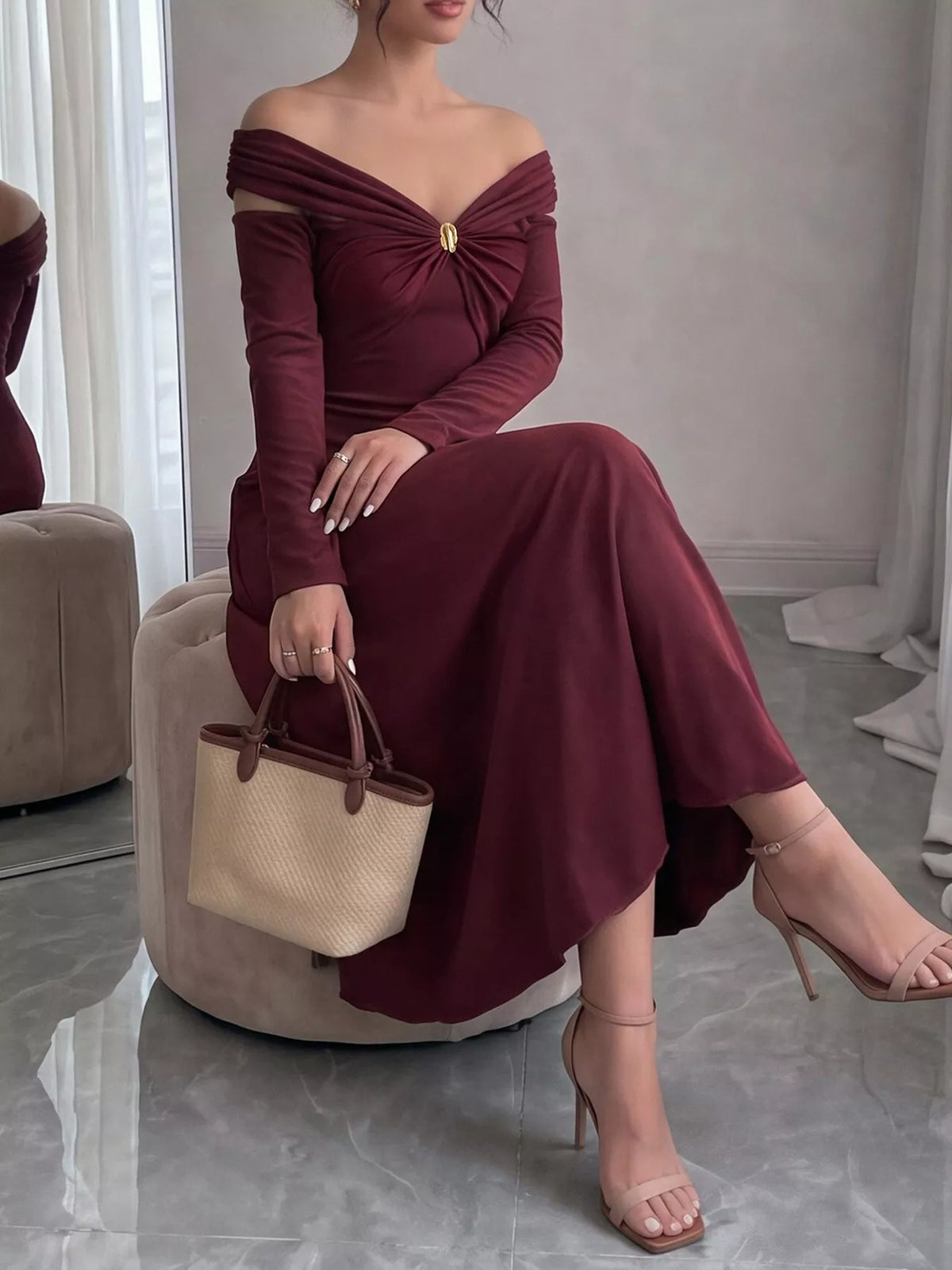 Off-Shoulder Long-Sleeve Maxi Dress - Lilixa.store