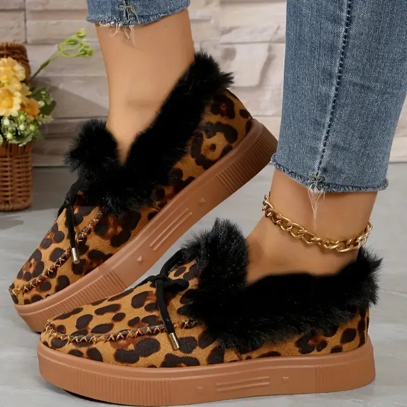 Bow Furry Round Toe Flat Slip-Ons, view 4