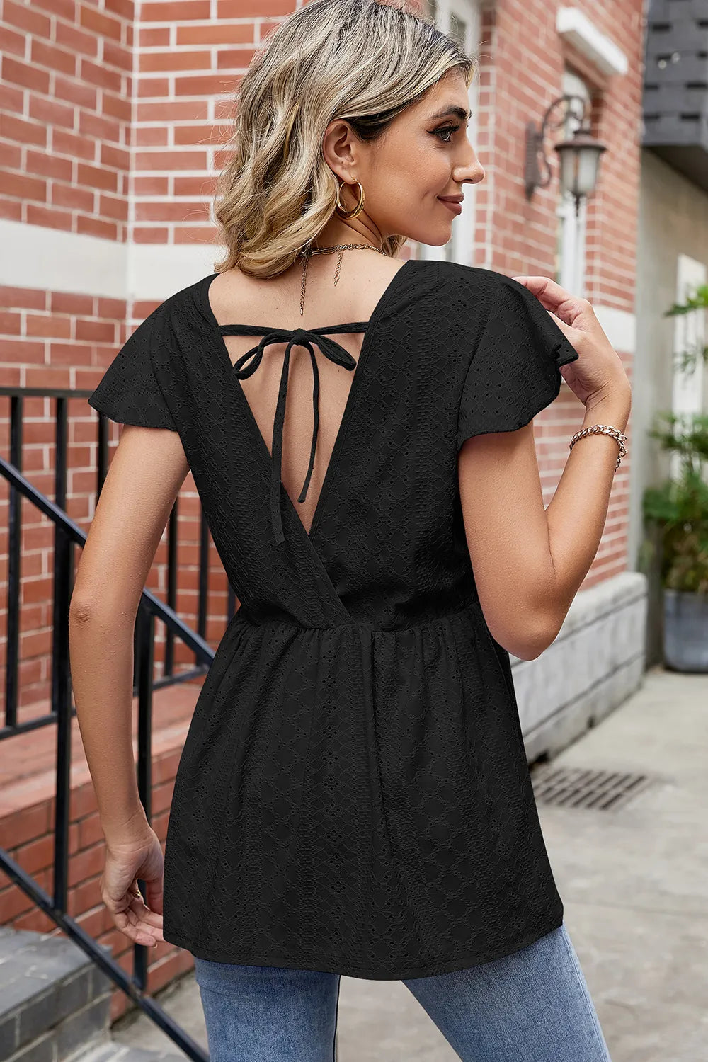 Tied Ruffled Round Neck Peplum T-Shirt - Lilixa.store