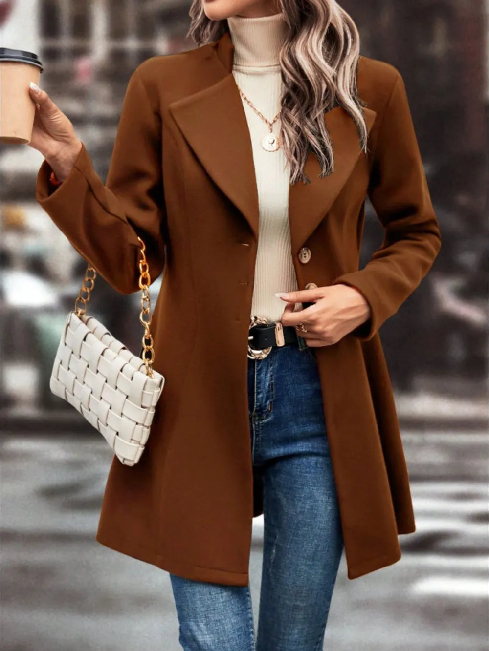 Collared Neck Button Up Long Sleeve Coat, view 5
