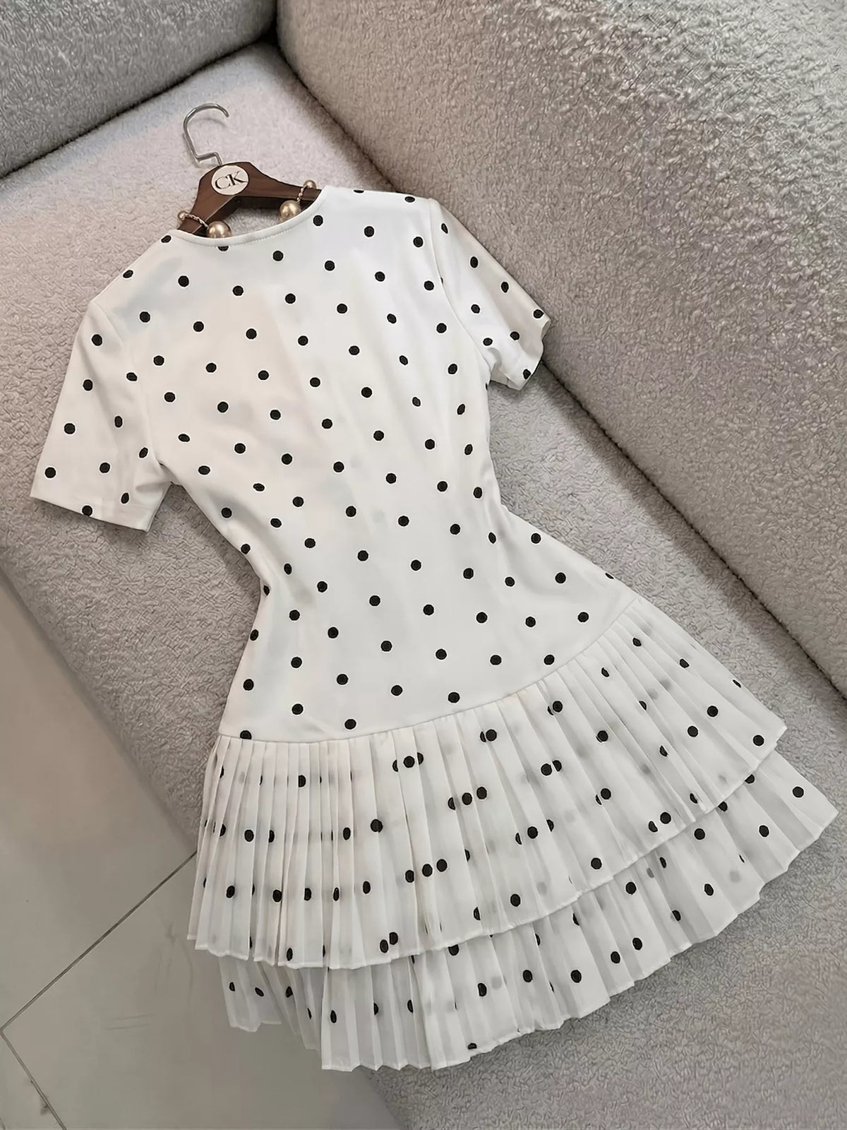 Polka Dot Pleated Hem Mini Dress