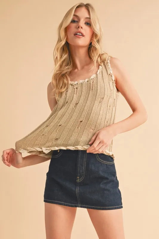 Aemi+Co Distressed Detail Round Neck Knit Tank in Khaki, view 4