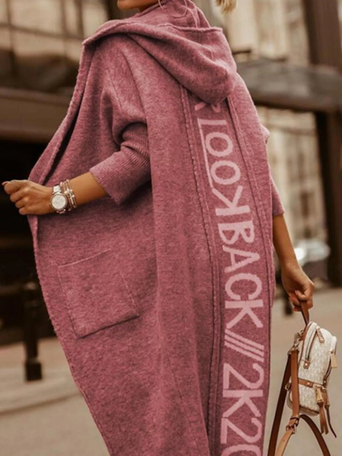 Full Size Letter Back Hooded Cardigan Plus Size