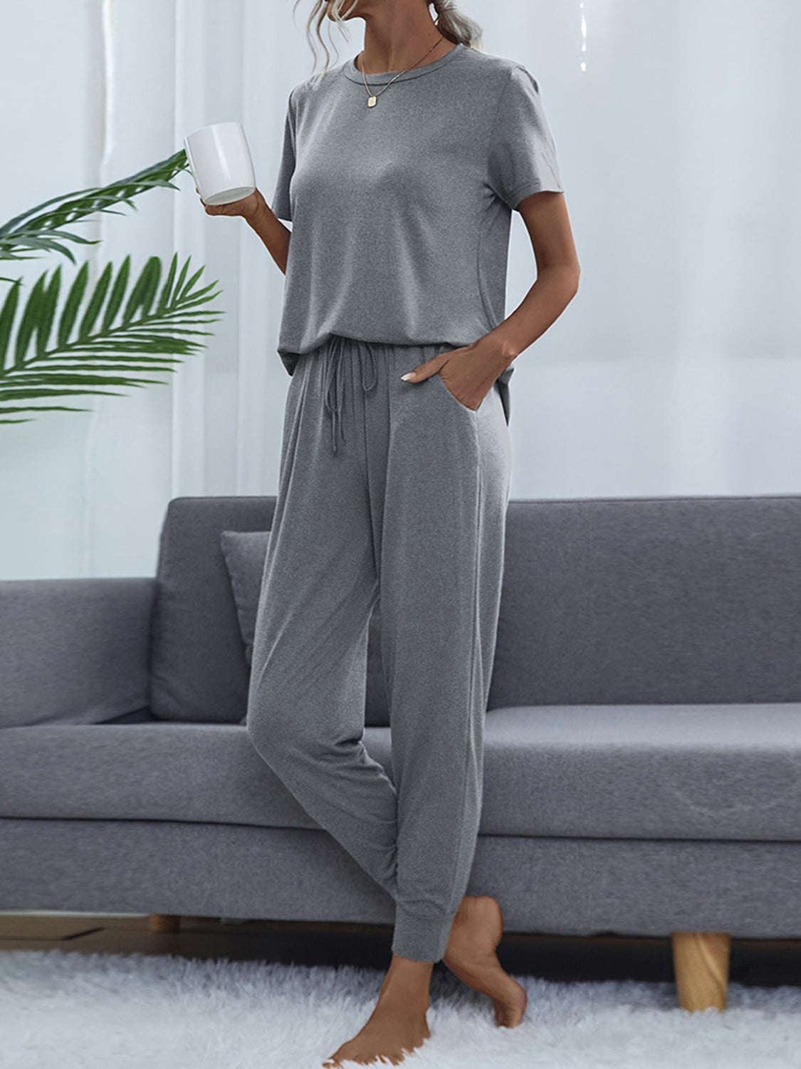 Shiny Round Neck Short Sleeve Top and Pants Set - Lilixa.store
