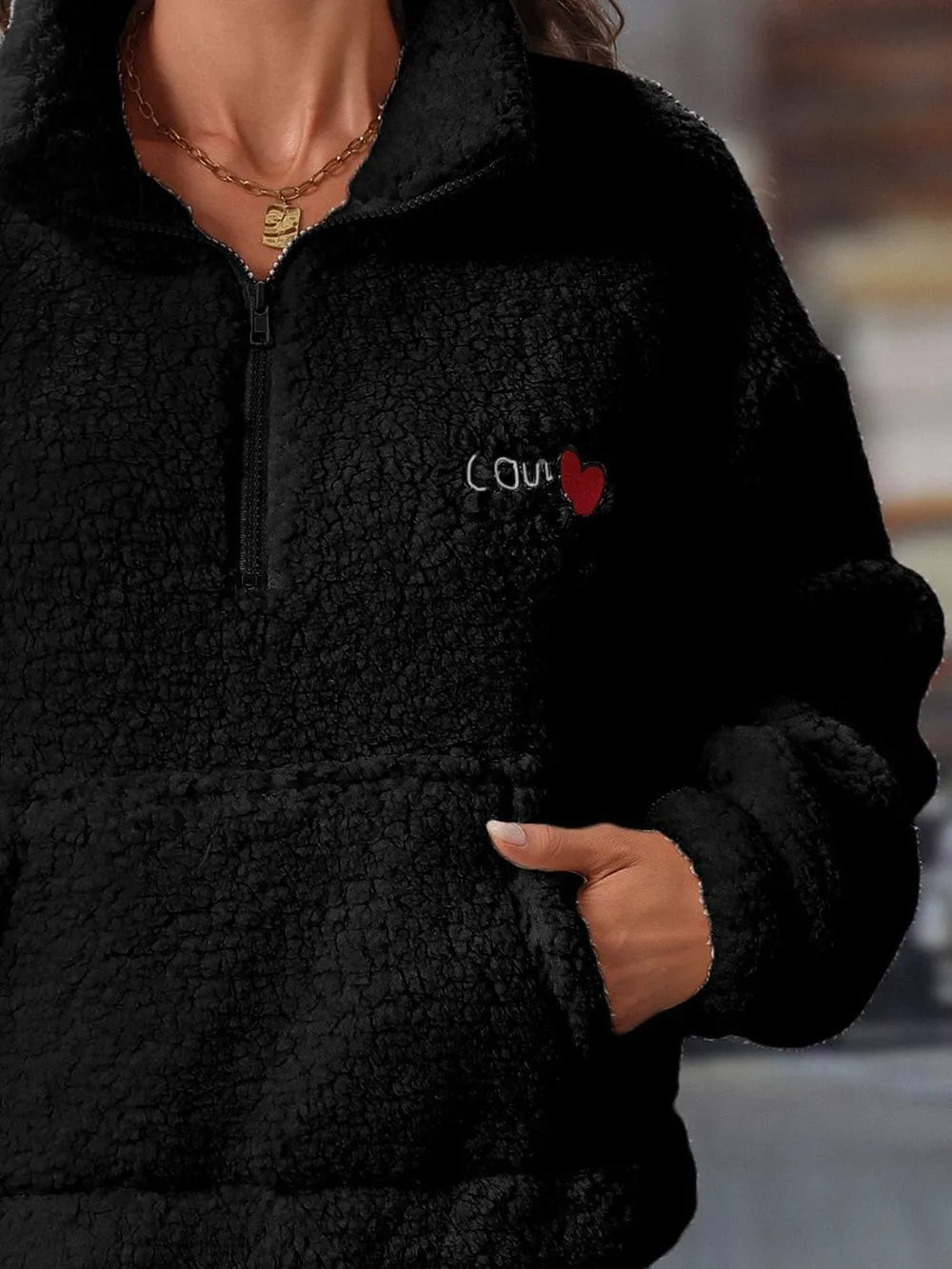 Heart Half Zip Long Sleeve Teddy Sweatshirt - Lilixa.store