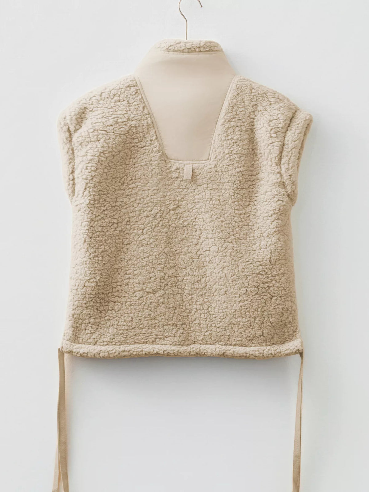 Faux Fur Snap Button Front Knot Side Plush Vest with Pockets in Beige, view 5