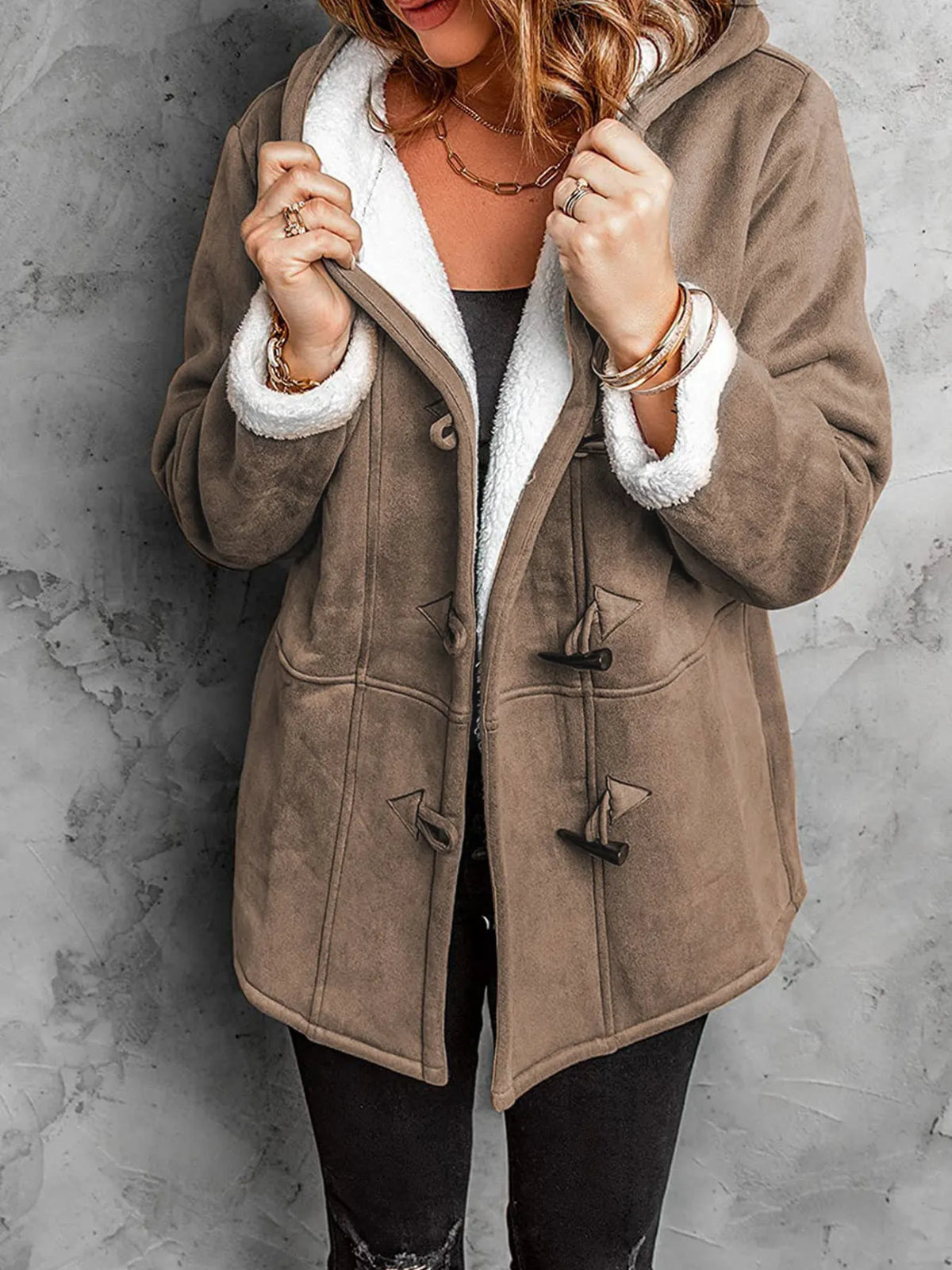 Full Size Cozy Sherpa Lined Toggle Coat with Hood Plus Size in Brown