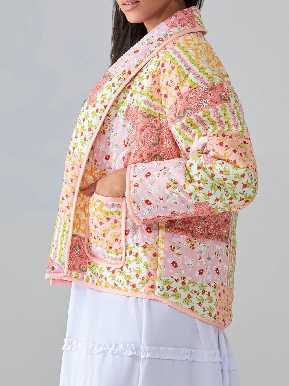 Printed Patchwork Open Front Cardigan with Pockets, view 6