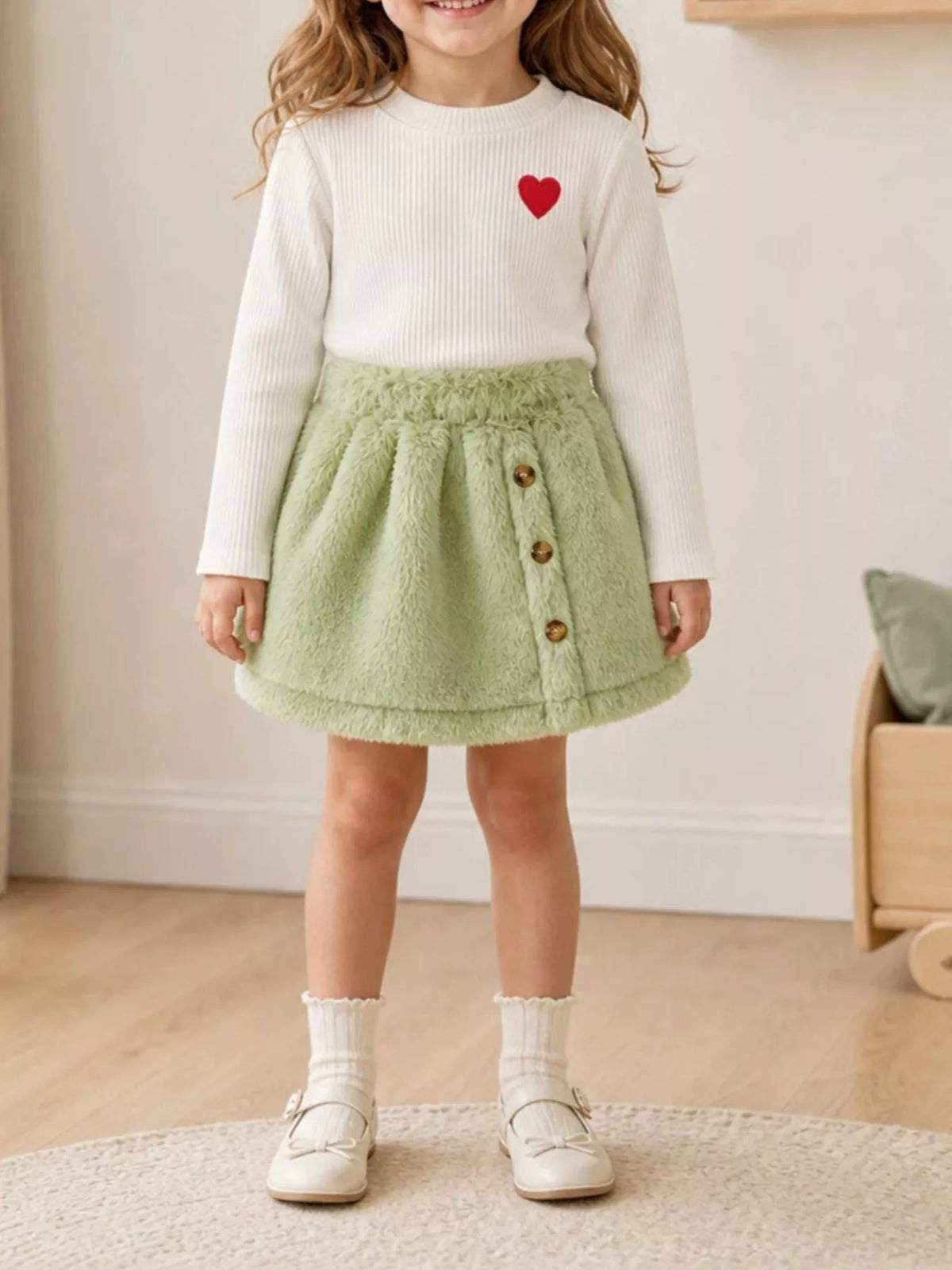 Children's Heart-Embroidered Ribbed Top and Fuzzy Skirt Set - Lilixa.store