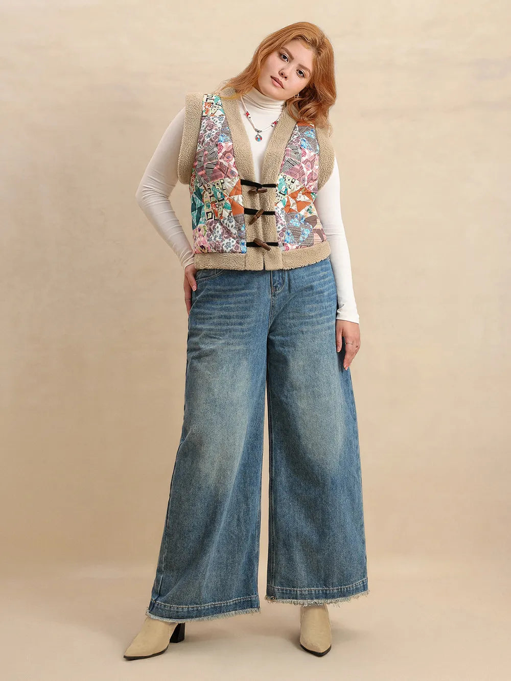 Plus Size Printed Sherpa Vest Coat in Multicolor, view 8
