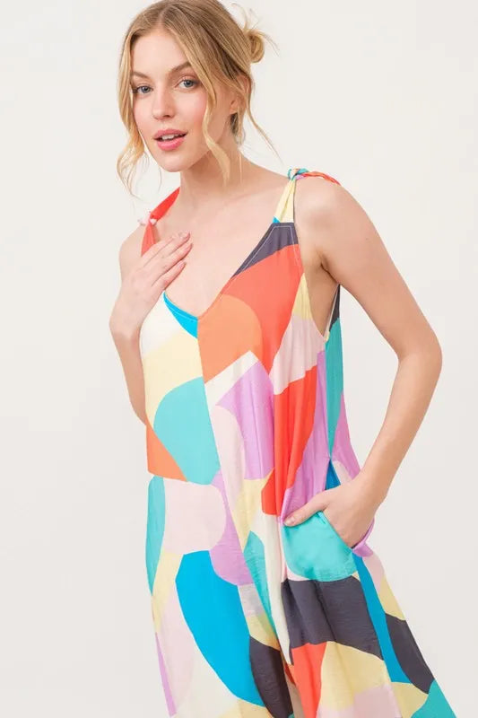 And The Why Tied Shoulder Straps Wide-Leg Geo Print Jumpsuit - Lilixa.store