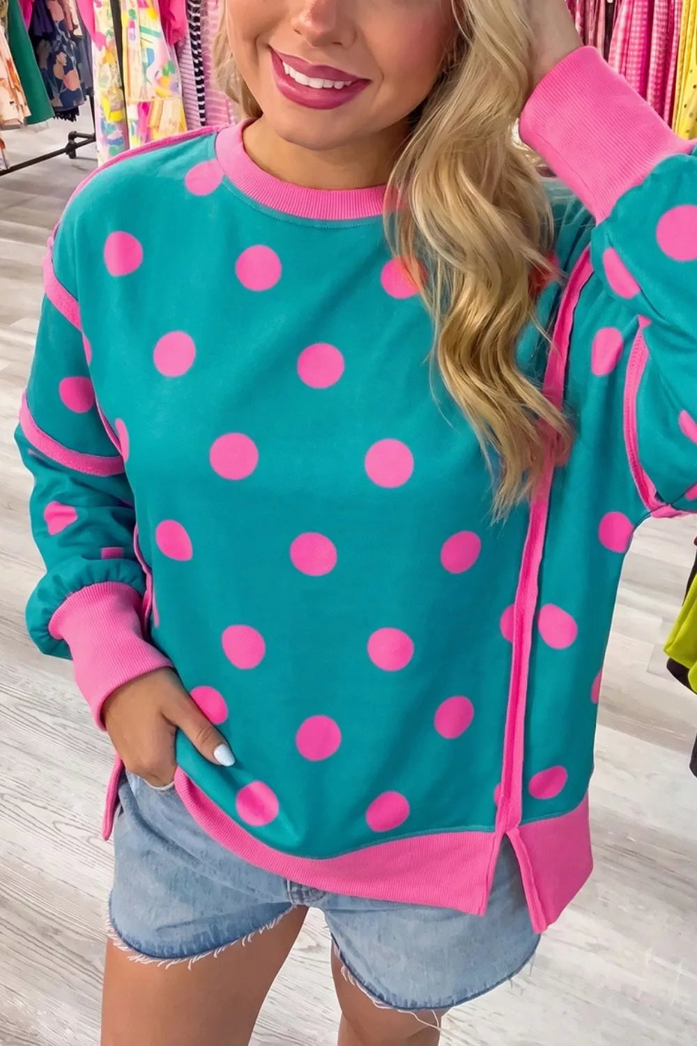 Polka Dot Contrast Patchwork Round Neck Baggy Sweatshirt in Sky Blue, view 5