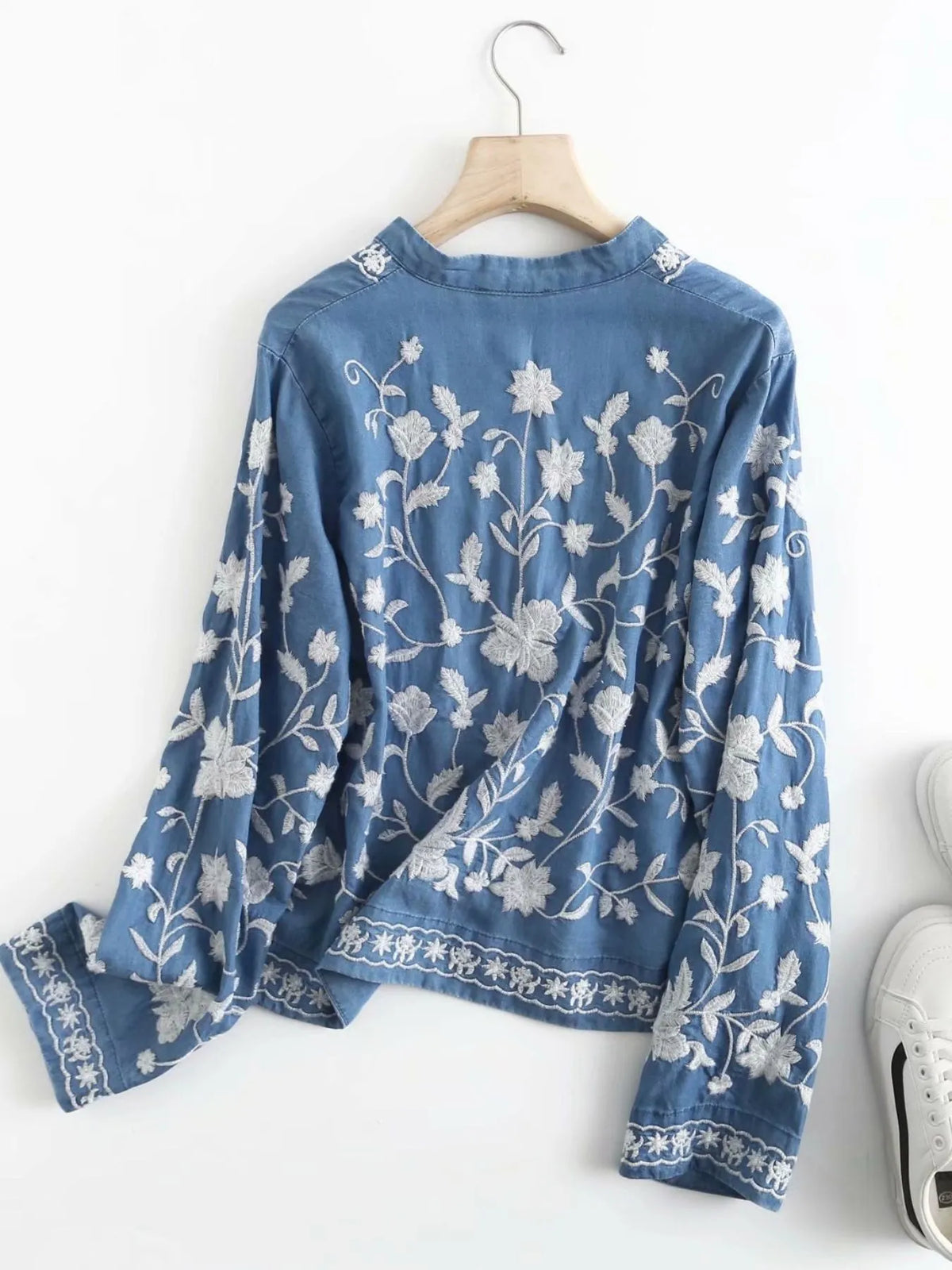 Floral Embroidered Button Up Denim Shirt - Lilixa.store