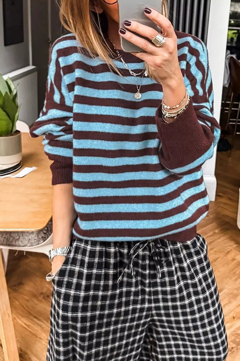 Stripe Color Block Loose Crew Neck Cuffed Sweater - Lilixa.store