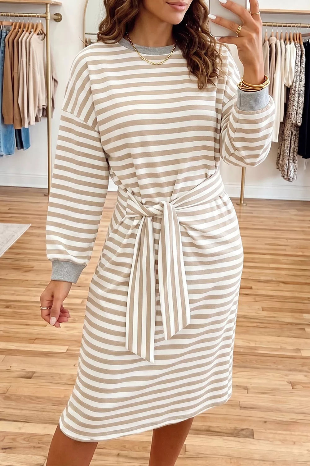 Stripe Striped Colorblock Cuffs Round Neck Long Sleeve Shift Dress - Lilixa.store