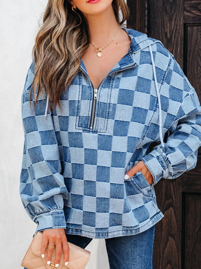 Checkered Half Zip Denim Hoodie Top - Lilixa.store