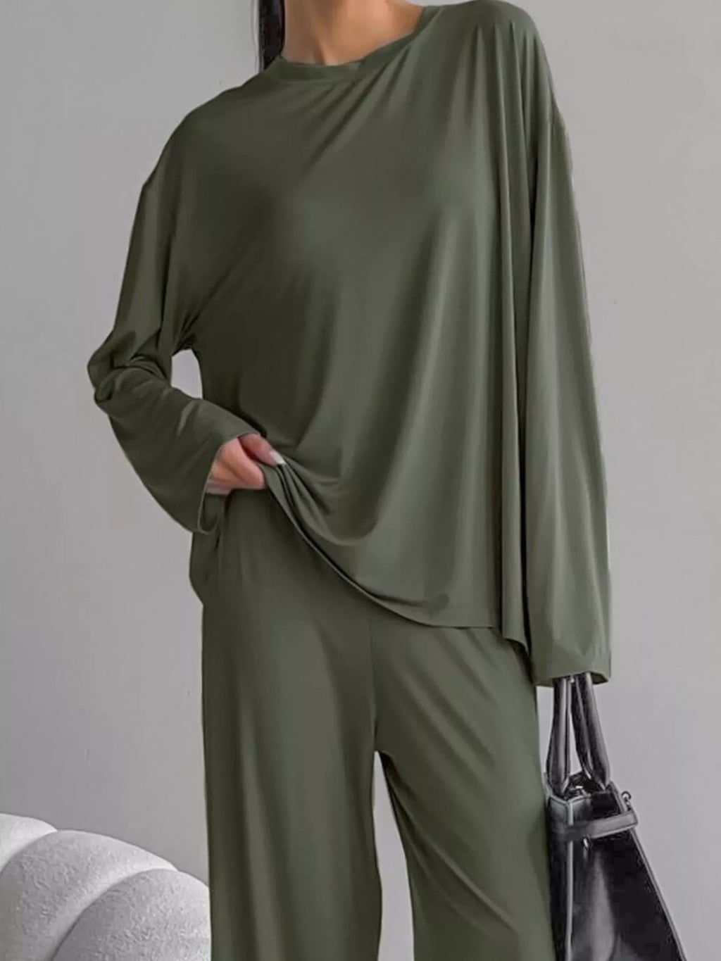 Solid Color Long Sleeve Top and Pants Set - Lilixa.store