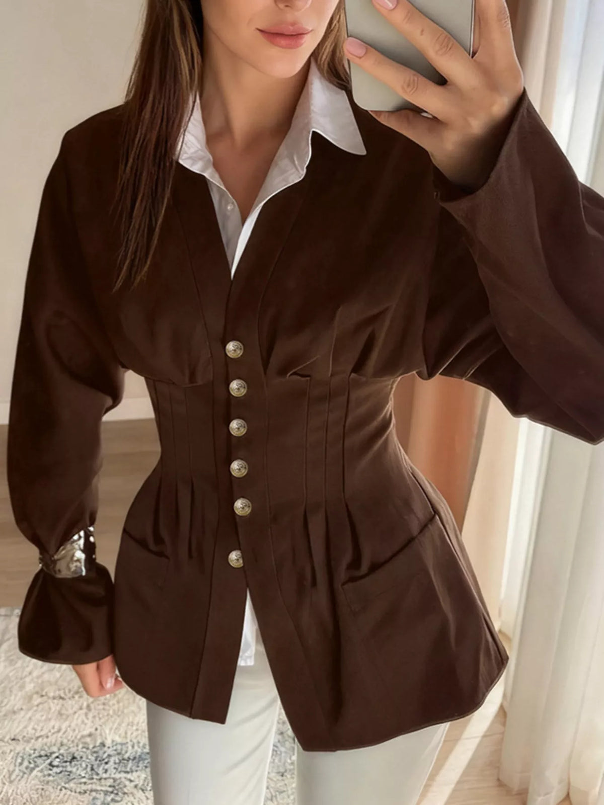 Button Down Long Sleeve Outerwear in Chocolate