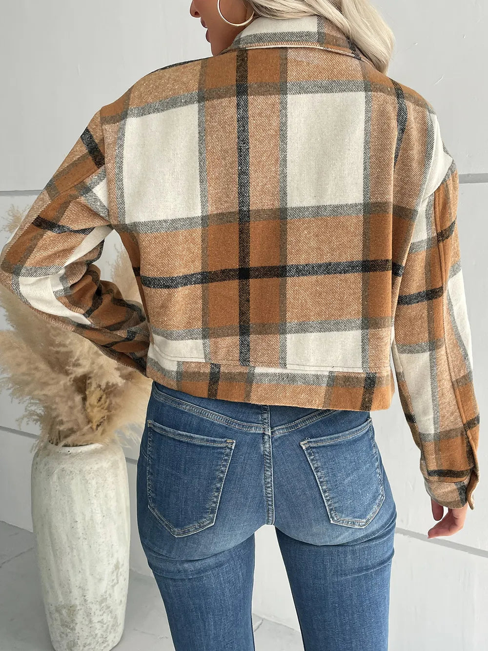 Perfee Plaid Button Up Drop Shoulder Cropped Jacket, view 14