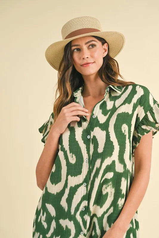 Annie Wear Abstract Printed Frill Sleeve Shirt Mini Dress - Lilixa.store