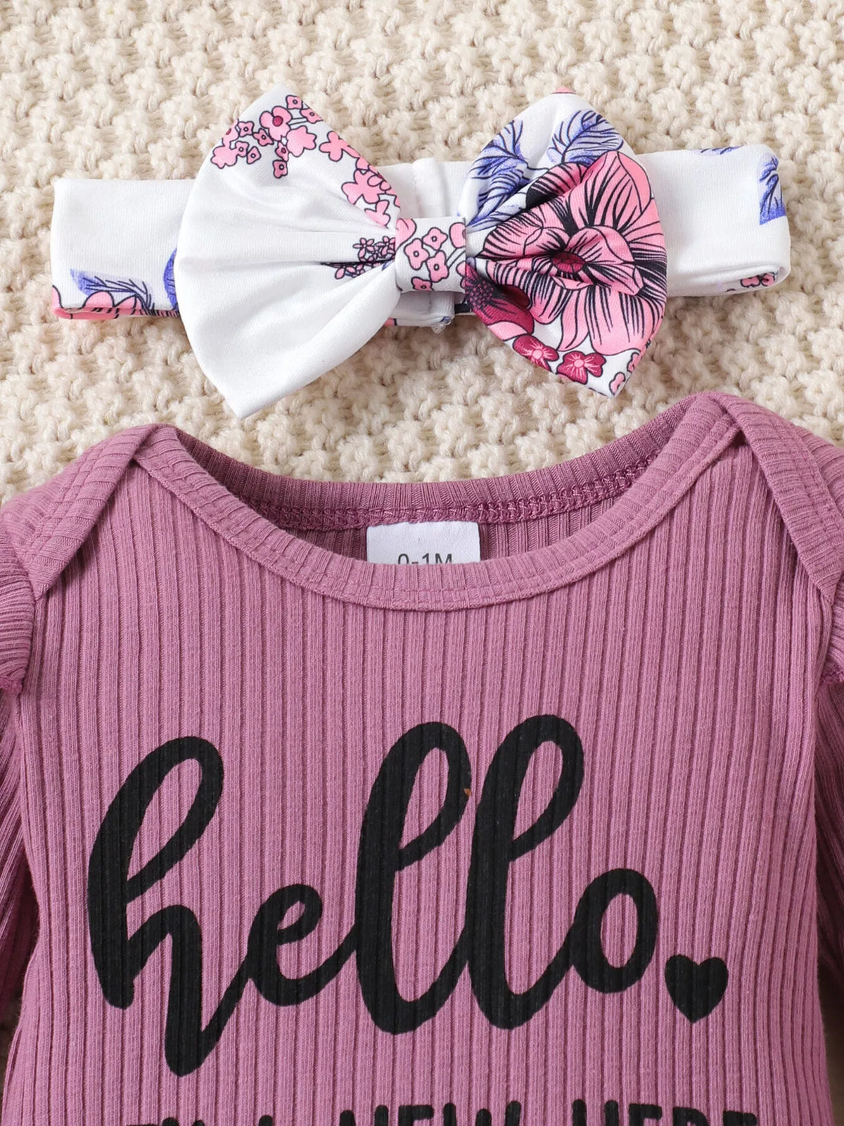 Children's Letter Ribbed Bodysuit and Pants Set with Headband & Hat - Lilixa.store