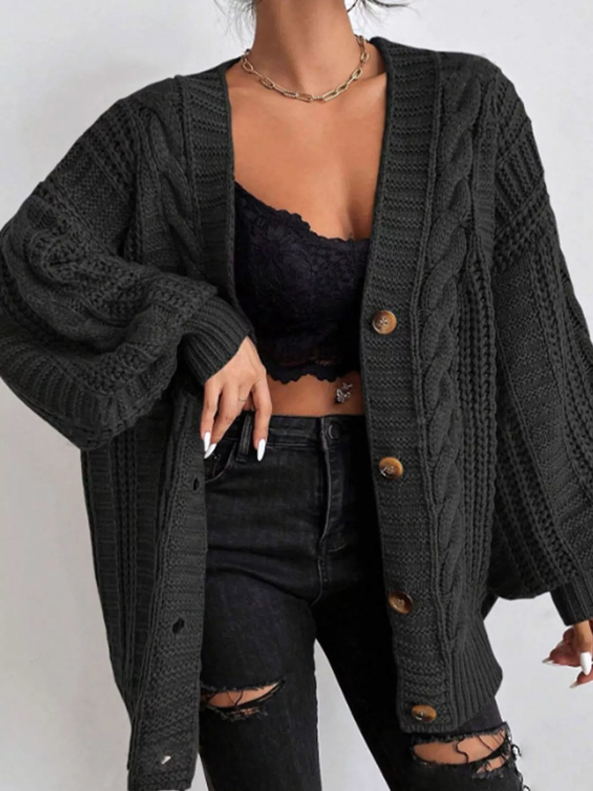 Cable Knit V-Neck Button-Down Cardigan - Lilixa.store