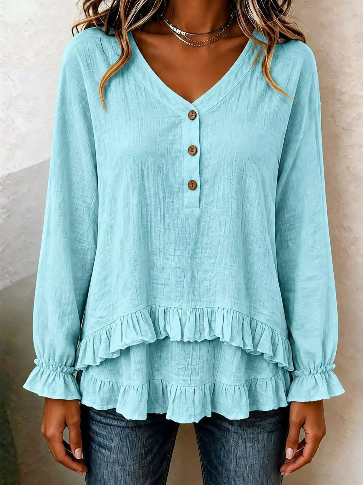 V-Neck Long Sleeve Button Detail Ruffled Hem Blouse in Green