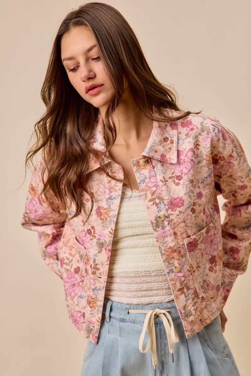 SO ME Floral Print Cotton Twill Button Down Barn Jacket in Blush Pink, view 2