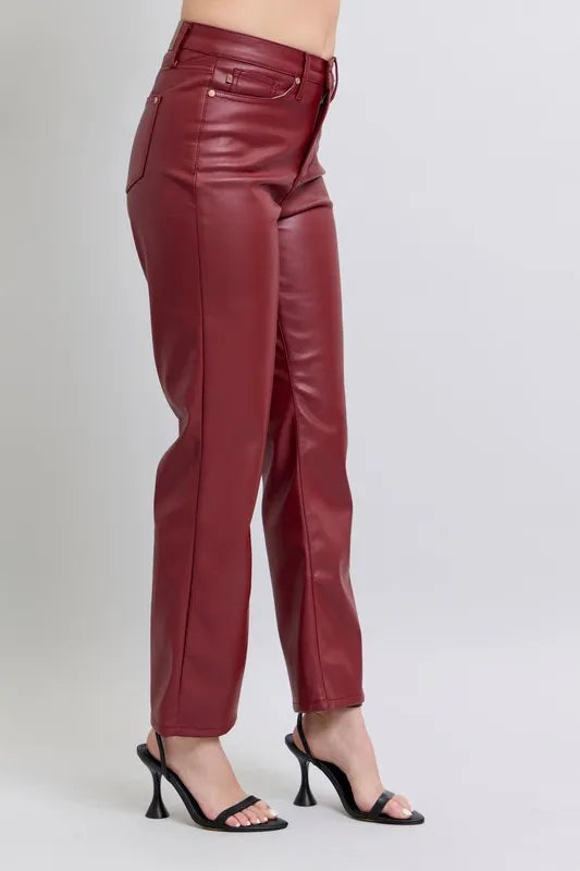 Judy Blue Full Size High Waist Tummy Control Faux Leather Straight Pants Plus Size - Lilixa.store