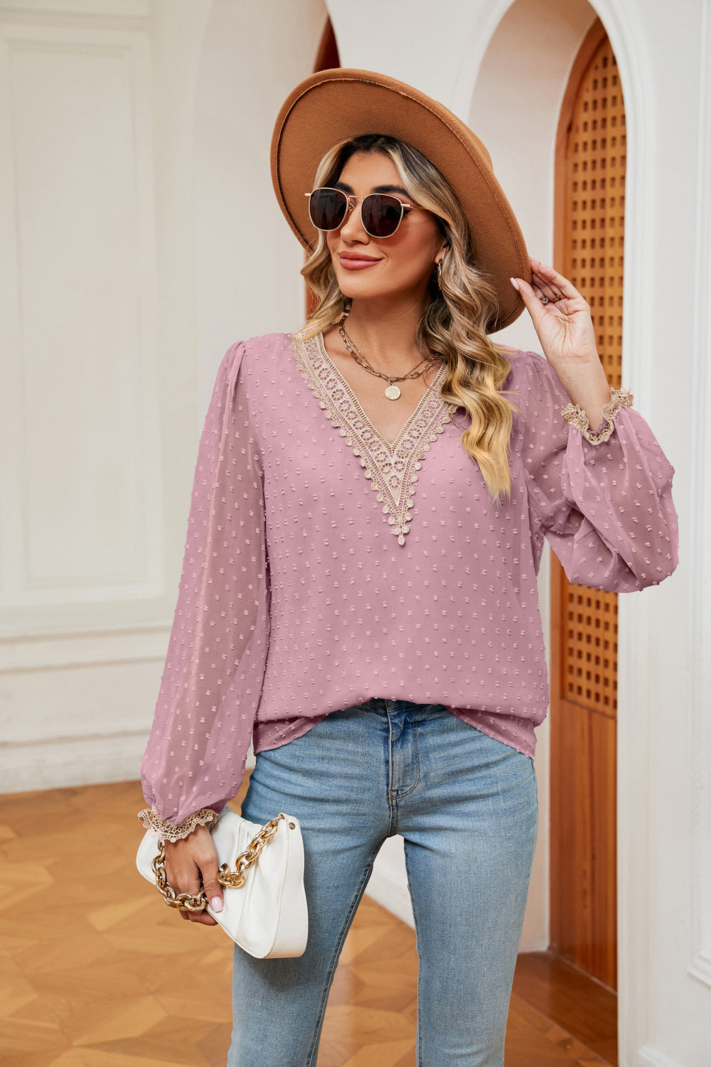 Swiss Dot Contrast V-Neck Blouse, view 7