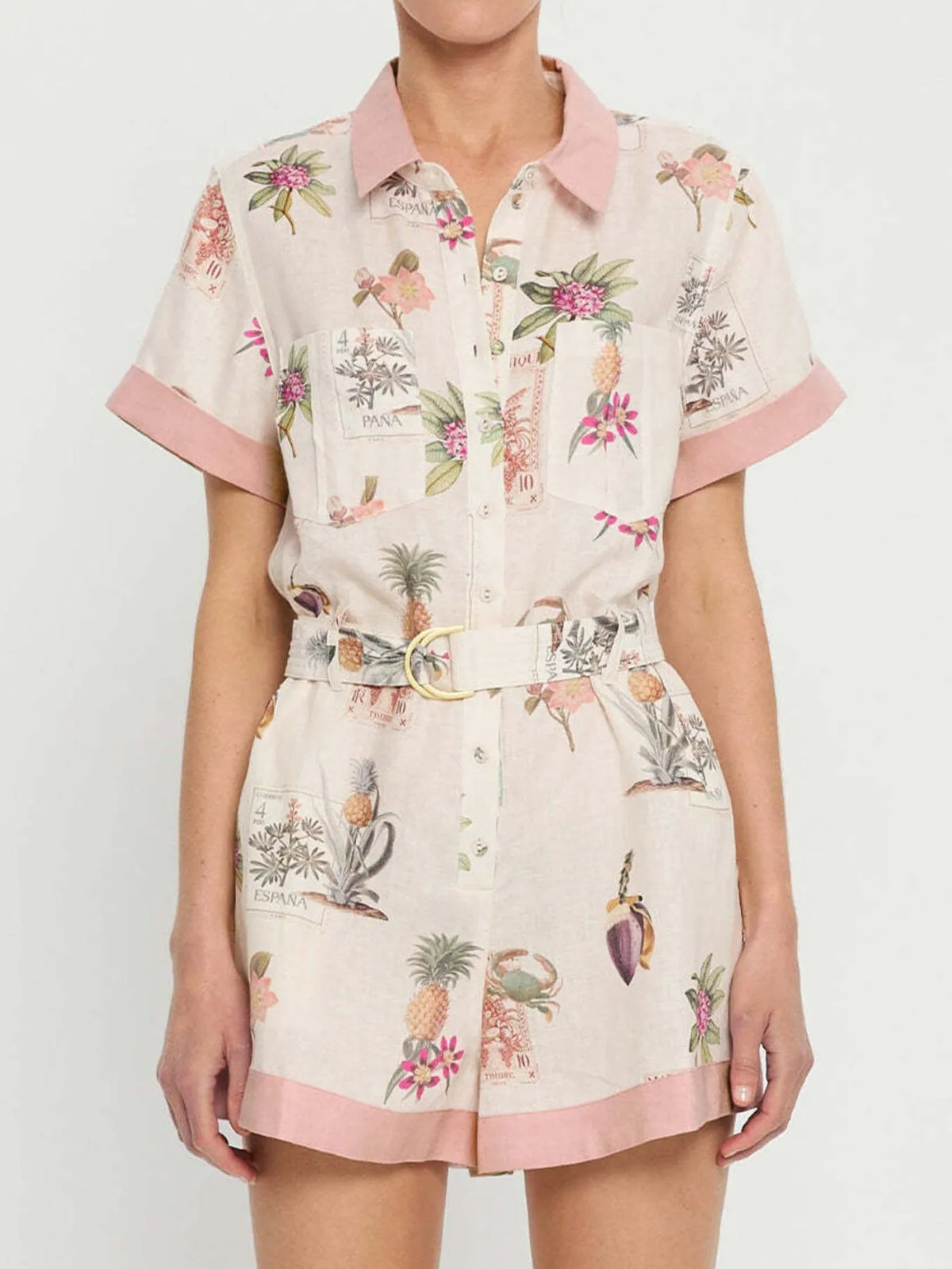 Printed Short Sleeve Romper with Belt in Multicolor, view 3