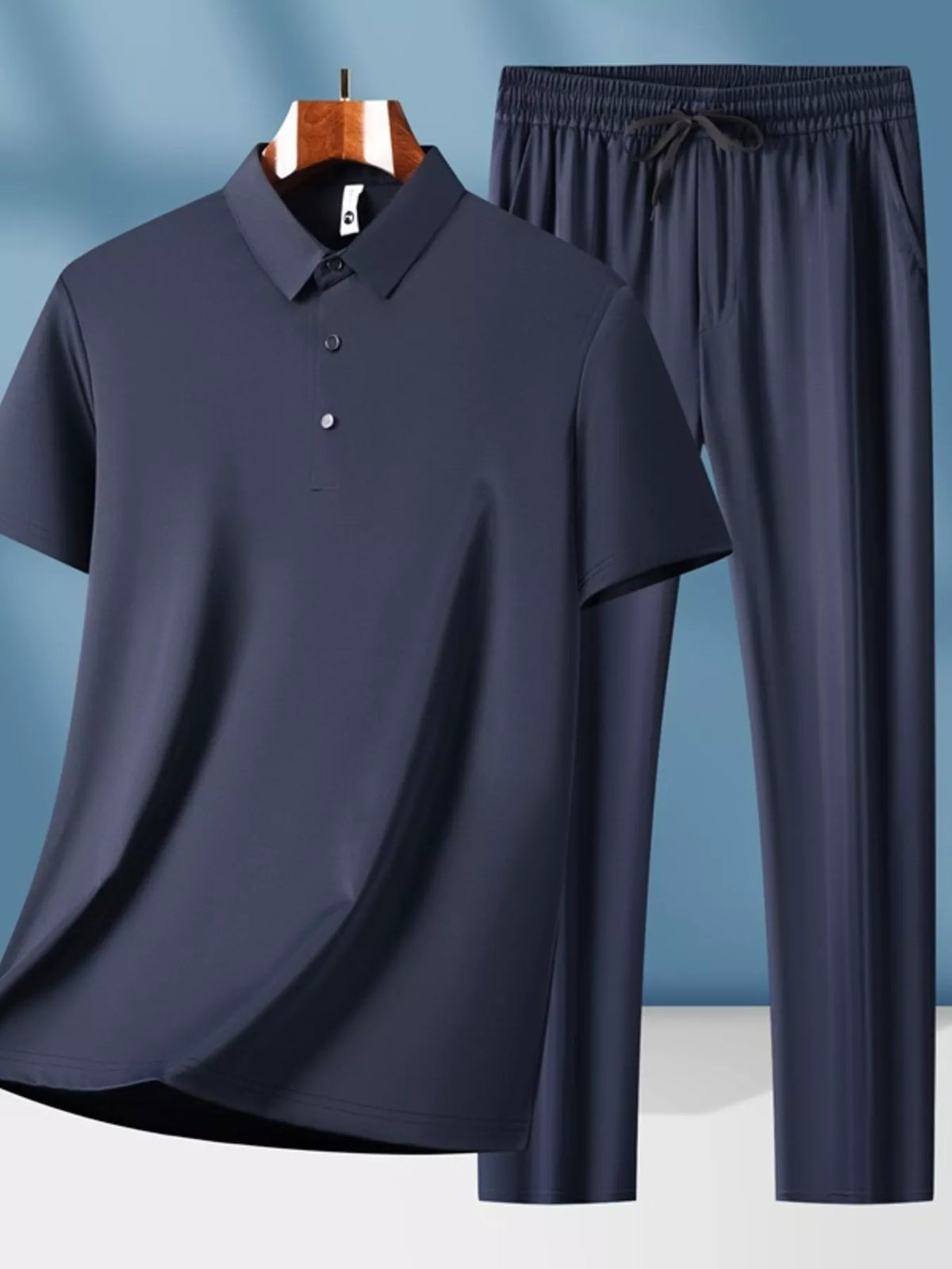 Men's Plus Size Button Detail Short Sleeve Top and Pants Set in Dark Blue