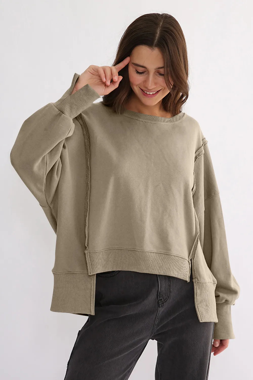 Exposed Seam High-Low Long Sleeve Sweatshirt - Lilixa.store