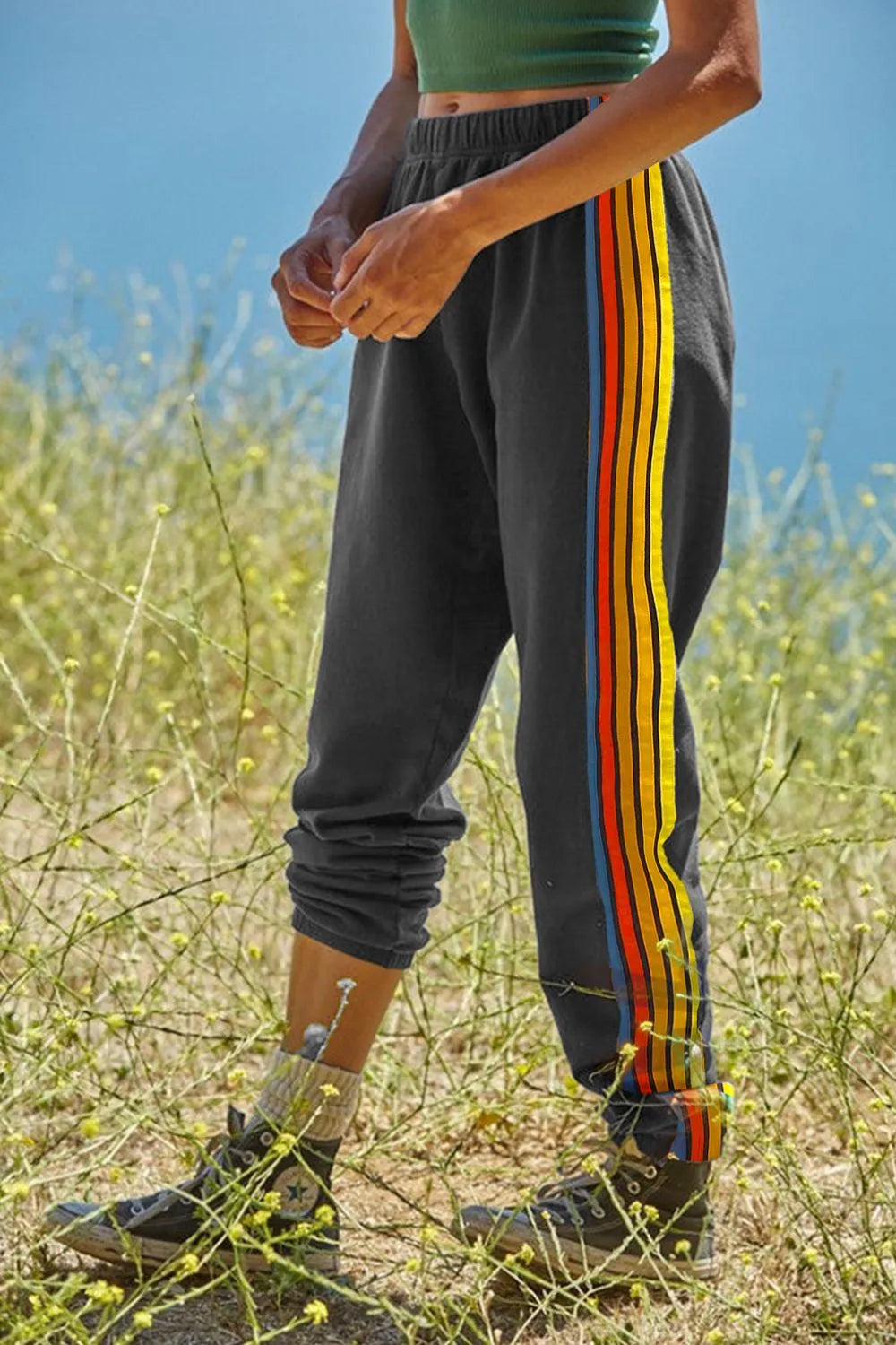 Contrast Striped Elastic Waist Active Pants - Lilixa.store