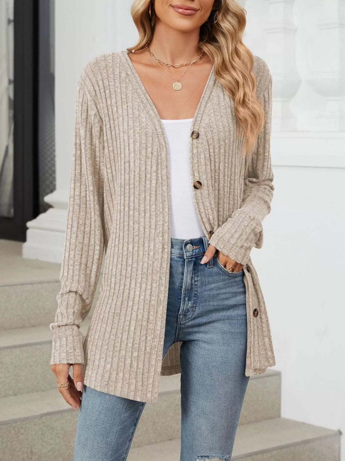 Ribbed Button-Up Cardigan - Lilixa.store