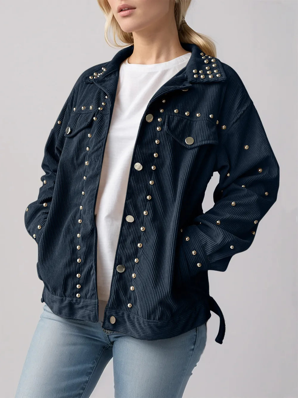 Studded Collared Neck Button Up Jacket - Lilixa.store