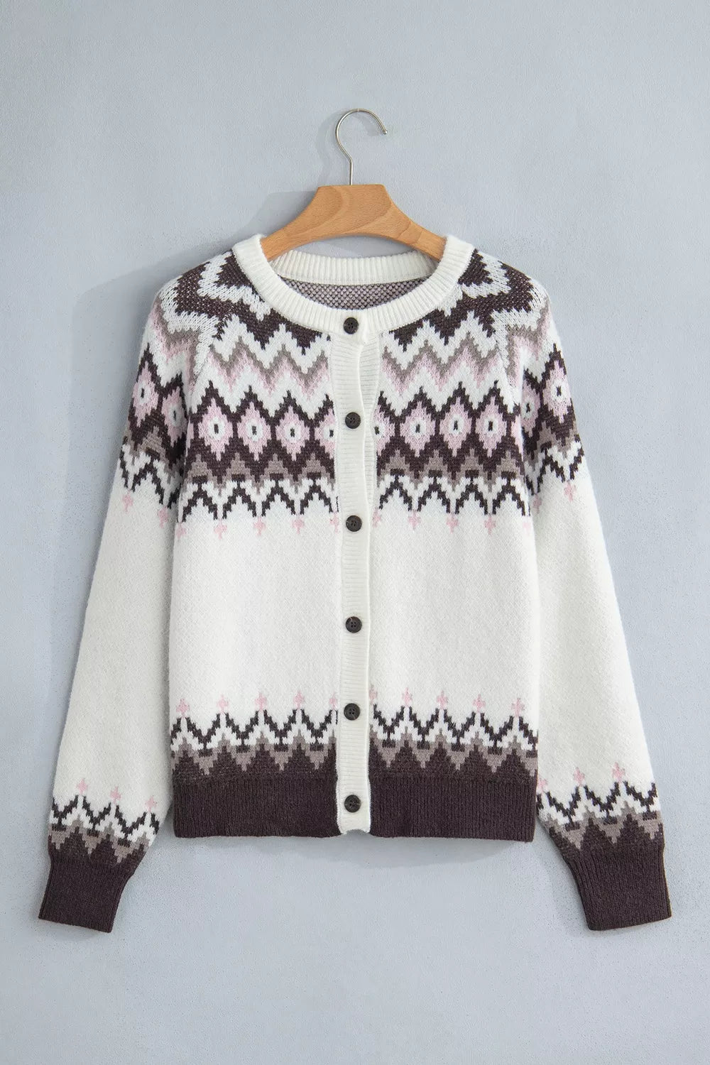 Geometric Pattern Brushed Knit Button Cardigan - Lilixa.store
