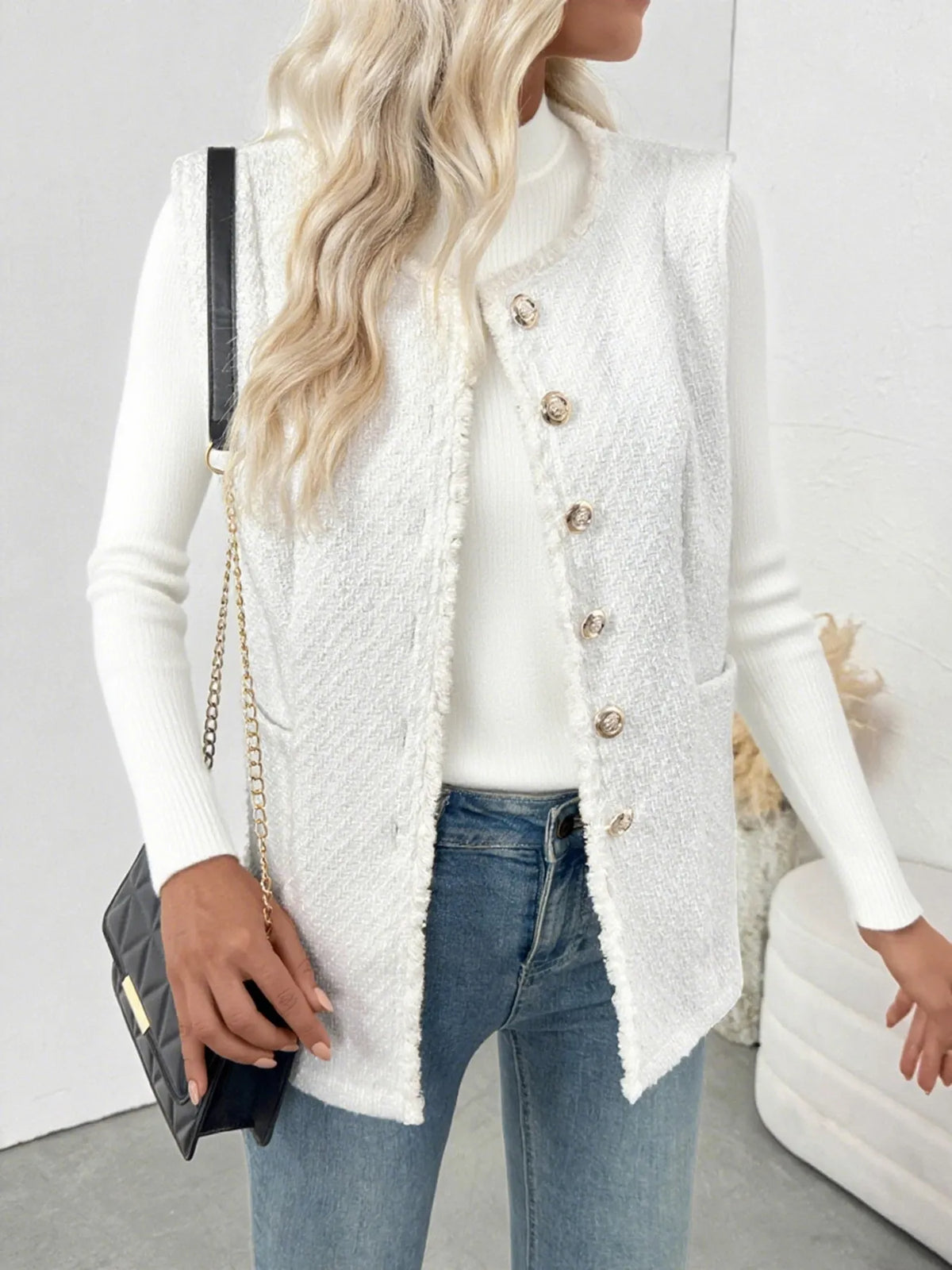 Textured Button-Front Vest with Raw Edge in White, view 2